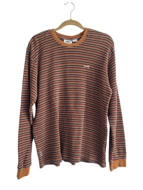 Obey Les Stripe Thermal Shirt Brown Sugar Multi Stripe Long Sleeve 100% Cotton